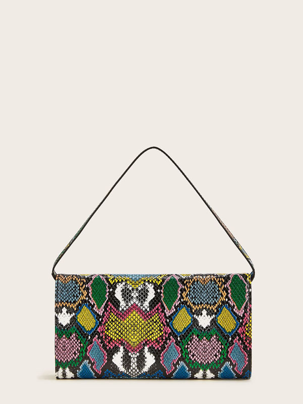 Color-block Snakeskin Print Baguette Bag