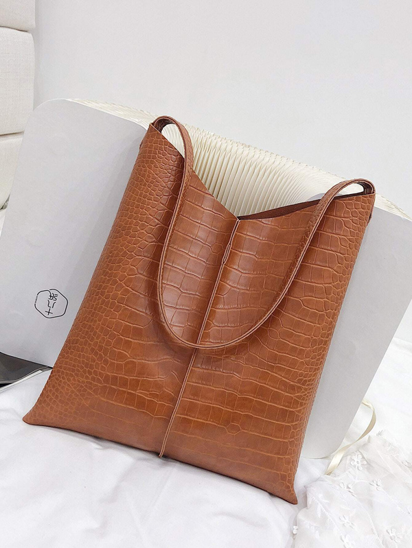 Croc Embossed Tote Bag With Inner Pouch
