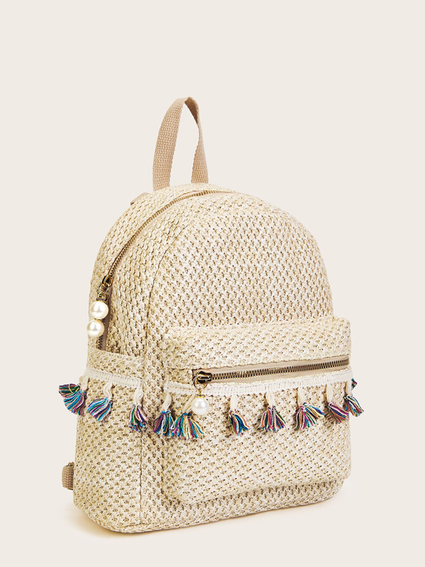 Tassel Decor Pocket Front Woven Backpack